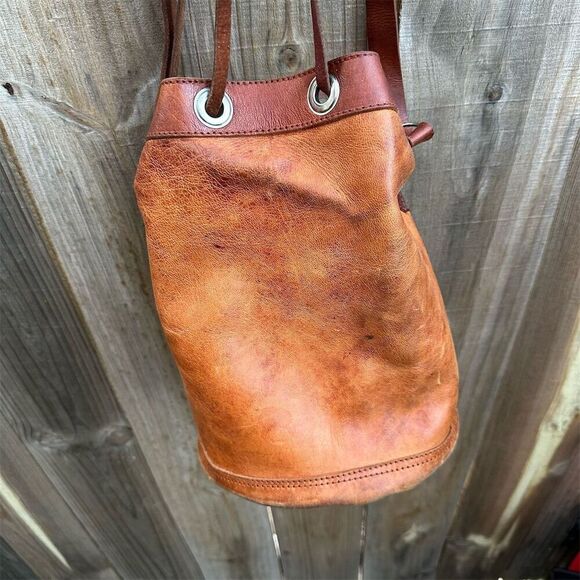 Vintage Handmade Leather Bucket Bag Brown Tassel Boho Chic Medium - Picture 3 of 10